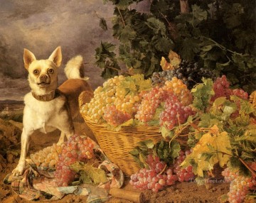 Chien œuvres - Waldmuller Ferdinand Georg Un chien par un panier de raisins dans un paysage